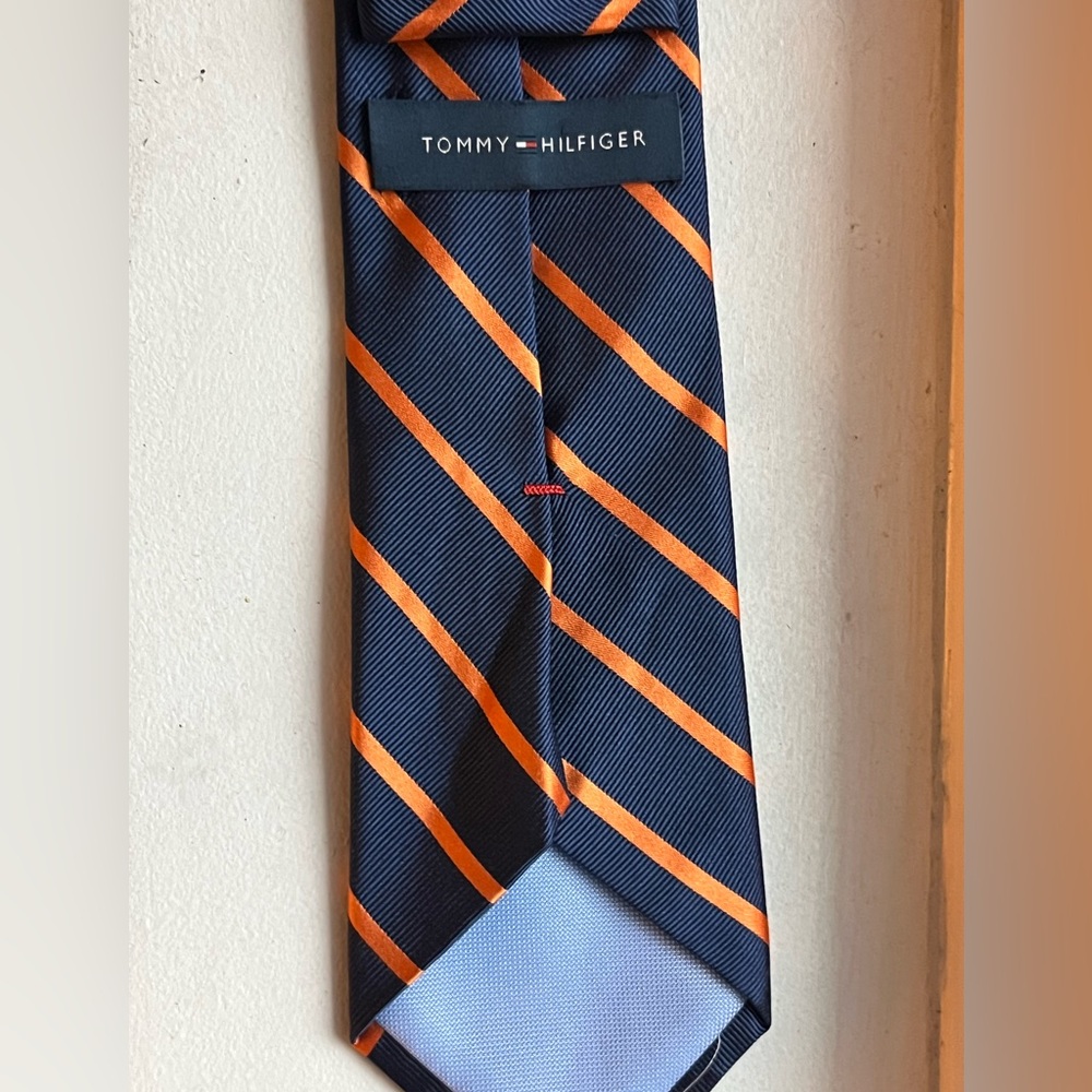 Tommy Hilfiger Navy and Orange Striped Tie - Picture 2 of 4